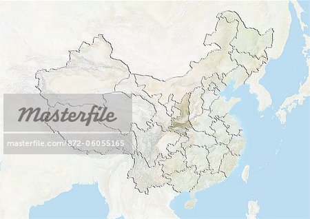La Chine et la Province du Shaanxi, carte en Relief