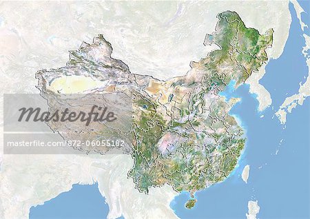 China, Satellite Image With Bump Effect, With Boundaries of Provinces