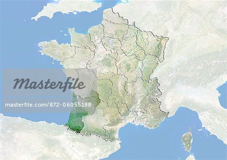 Frankreich und der Region Aquitaine, Satellitenbild mit Bump-Effekt