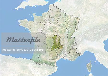 France and the Region of Auvergne, Satellite Image With Bump Effect