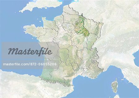 Frankreich und der Region Champagne-Ardenne, Satellitenbild mit Bump-Effekt