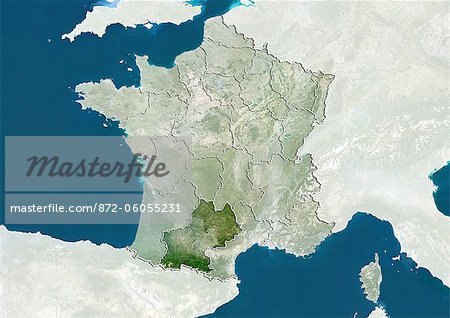 France et la région Midi-Pyrénées, True Image Satellite en couleurs