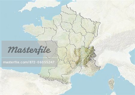 France and the Region of Rhone-Alpes, Relief Map