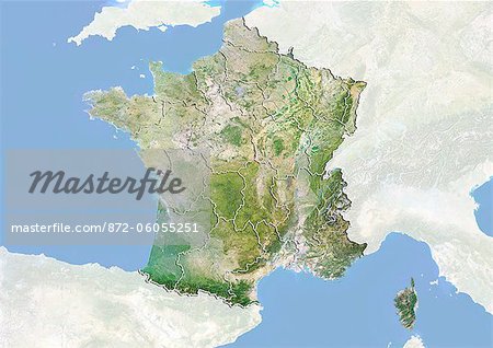 France, Satellite Image With Bump Effect, With Boundaries of Regions