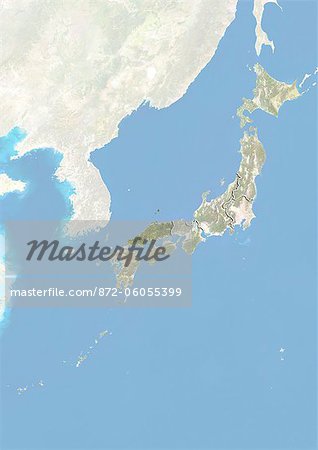 Japan and the Region of Chugoku, Satellite Image With Bump Effect