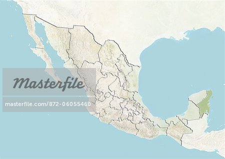 Le Mexique et l'état de Quintana Roo, carte en Relief