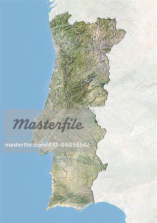 Portugal, Satellite Image With Bump Effect and District Boundaries