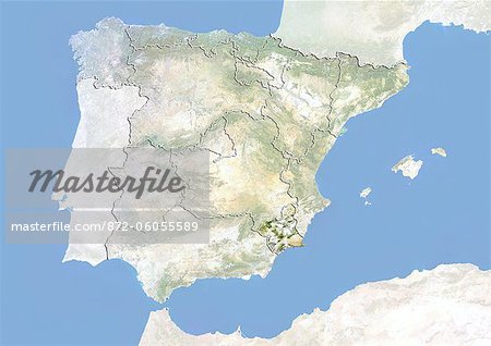 Spain and the Region of Murcia, Satellite Image With Bump Effect