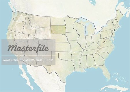 Des États-Unis et l'état du Dakota du Sud, carte de Relief