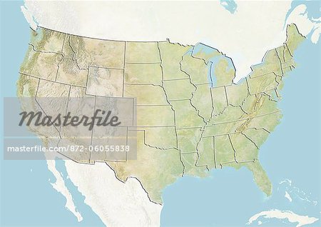 United States, Relief Map With State Boundaries