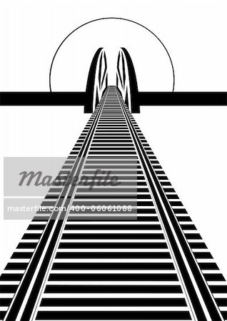 Railway line and railway bridge. Black and white illustration