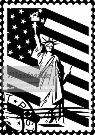 Postage stamp with the symbols of America. Black and white illustration.