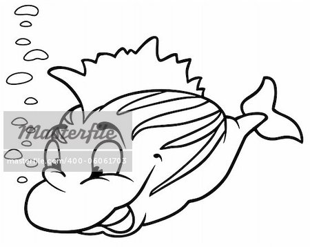 Striped Smiling Fish - Black and White Cartoon Illustration, Vector