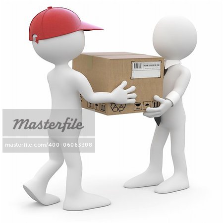 Worker delivering a package to a businessman. Rendered at high resolution on a white background with diffuse shadows.