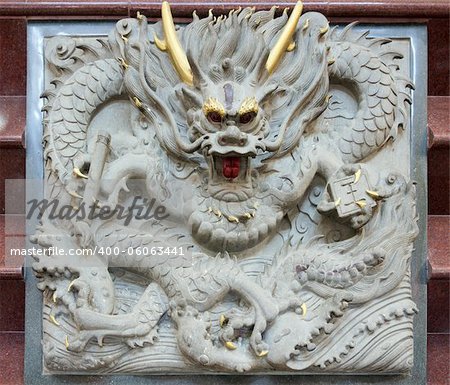 Chinese Dragon Stone Carving on Steps of Chinese Temple