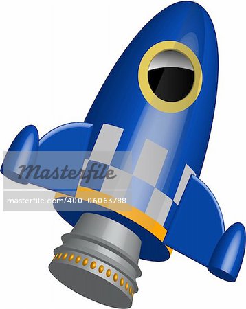 Blue little rocket ship with flames illustration