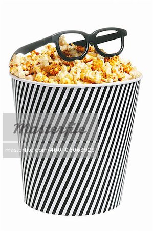 Popcorn in a box with HD cinema glasses on white background