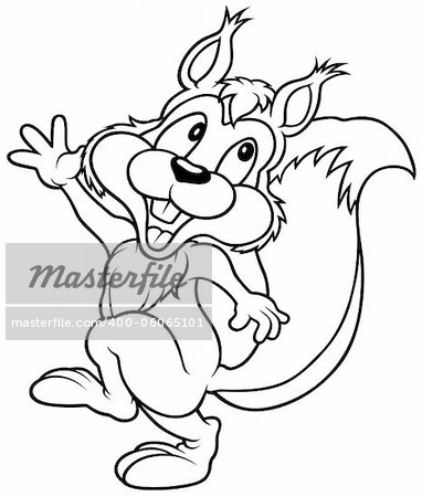Joyeux écureuil - Illustration de dessin animé noir et blanc, vecteur