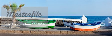 Two boats and palm on the coast. Panorama. Lanzarote, Canary, Spaine