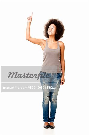 Afro-American young woman isolated on white looking up with a finger on the air