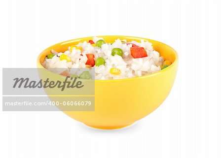 Rice and vegetables in a bowl on white background