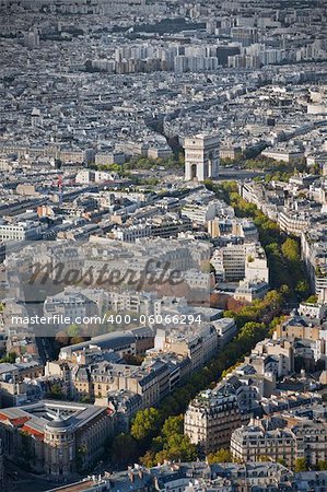 Skyline of Paris with the arch of triumph from the Eiffel Tower in Paris, France
