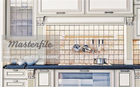 Luxury kitchen interior in classic style (3D rendering)