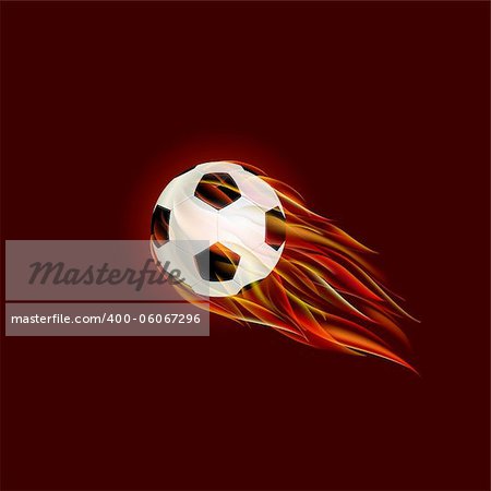 Flying Soccer Ball with Flame on Dark Red Background. Vector Illustration.