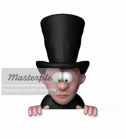 cartoon undertaker with big black hat and blank white board - 3d illustration