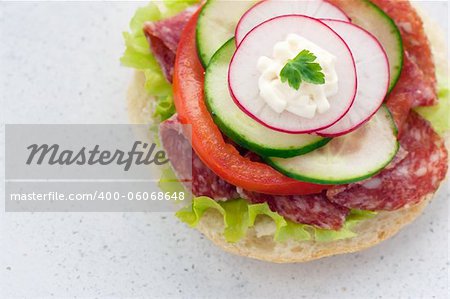 Delicious ham, cheese and salami sandwich with vegetables, lettuce, cherry tomatoes