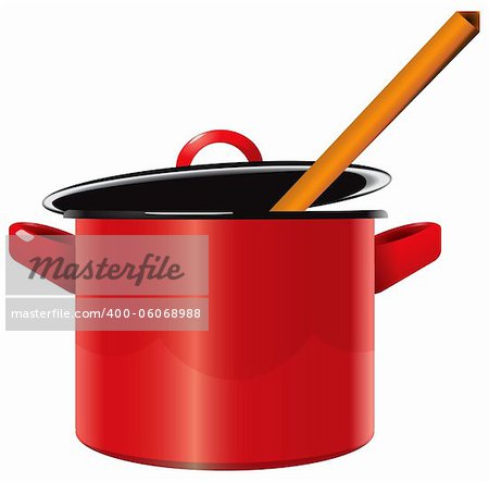 Red enameled saucepan with a lid and a wooden spoon. Vector illustration.