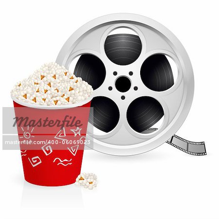 The film reel and popcorn. Illustration on white background