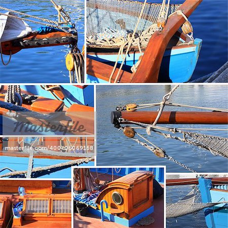 mixed collage of details of an old sailboat