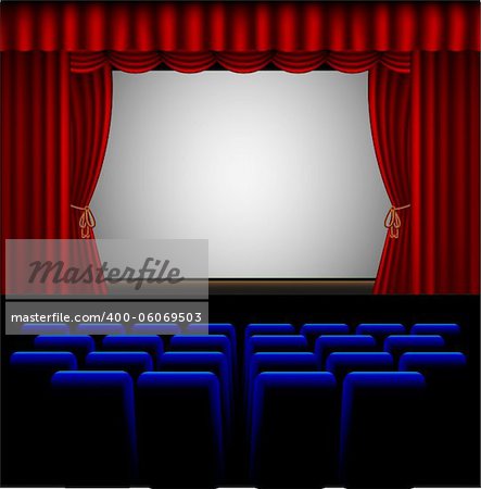 illustration of a movie theater with blue seats and red curtains