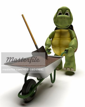 3D render of a tortoise gardener with a wheel barrow carrying soil