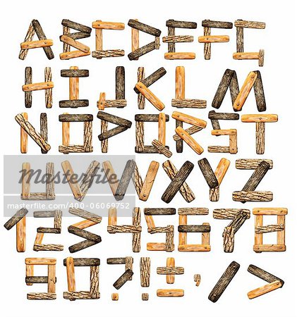 Alphabet - letters from wooden boards and bark