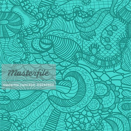 Hand drawn seamless pattern with various elements, flowers, waves