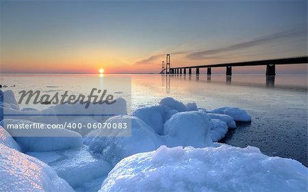 The Danish bridge great belt bridge at sunset on a winter evening