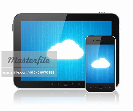 Cloud computing connection on digital tablet pc and modern smart phone. Conceptual image. Isolated on white.