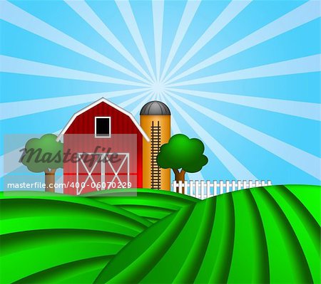 Red Barn with Grain Elevator Silo and Trees with Green Crop Pastures Illustration