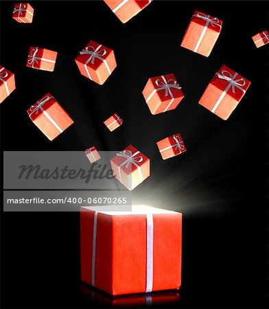 red gift boxes flying in the dark