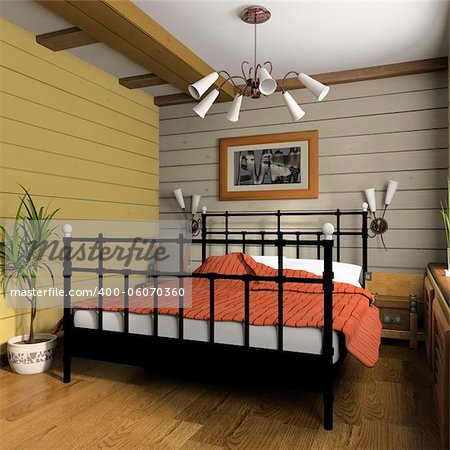 Bedroom in rural style 3d rendering