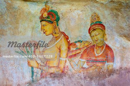 Antique asian fresco with two naked women, Sigiriya, Sri Lanka
