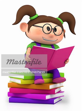 cute little cartoon girl sitting on books reading - high quality 3d illustration