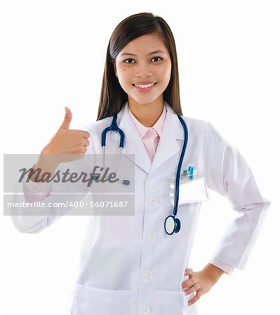 Mixed race female doctor thumb up showing good sign.