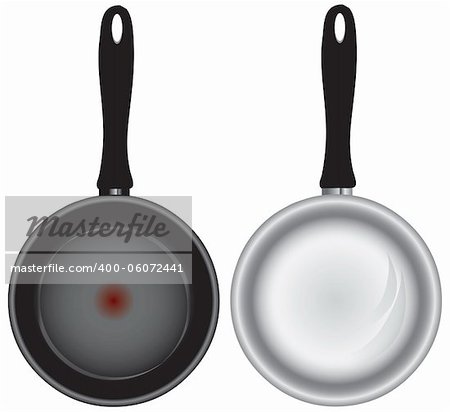 Steel and teflon pans with plastic black handle. Vector illustration.
