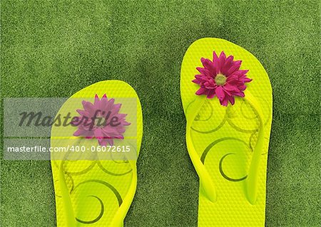 Colorful Flip Flops on green grass, summertime