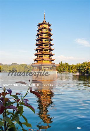 One of the twin pagoda reflected in the lake in Guilin, China