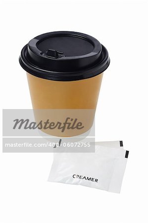 Coffee in Paper Cup and sachets of creamer on White Background