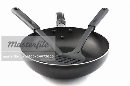 Pan with handle and Spade of frying pan on white background